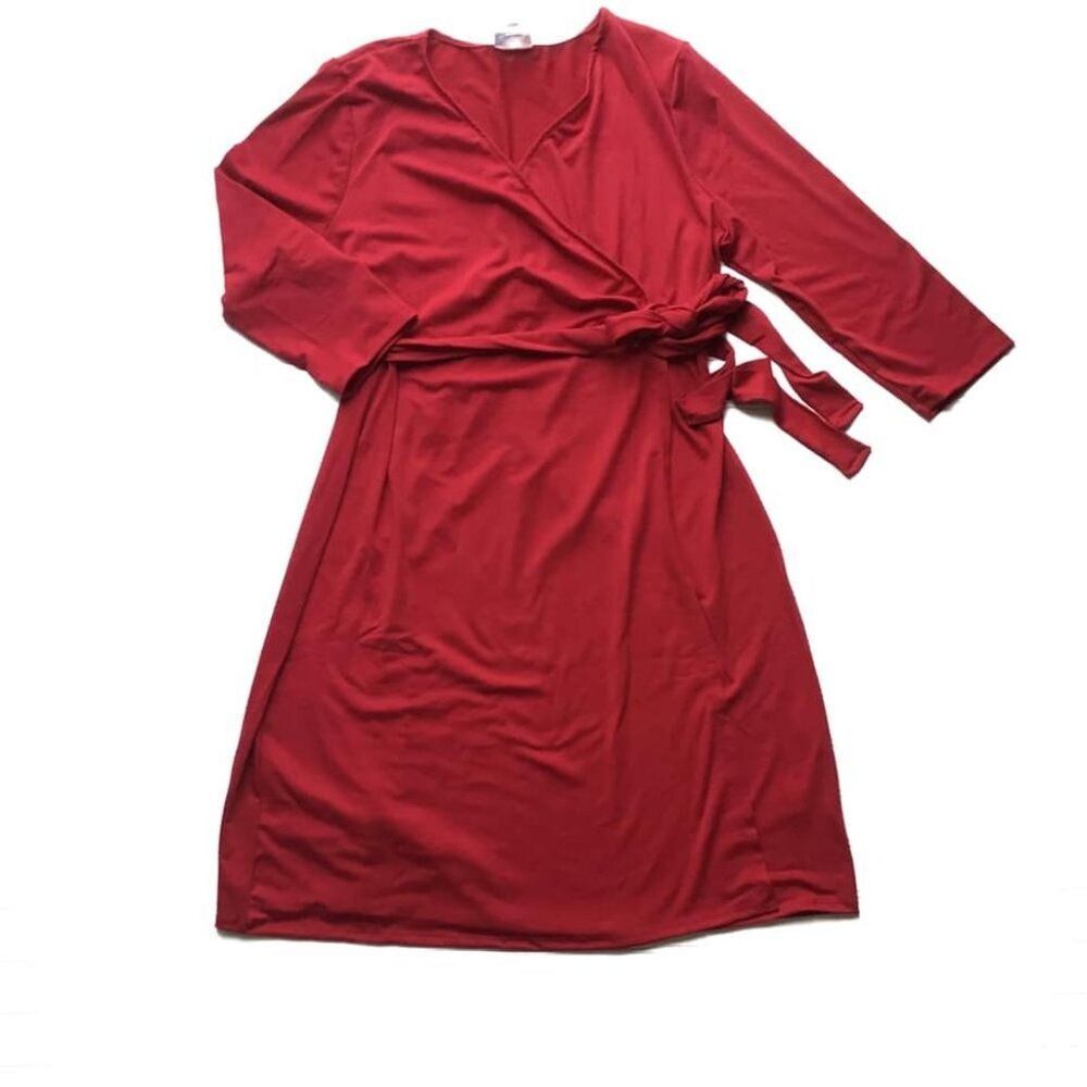 NEW LuLaRoe L Michelle Wrap Dress Deep Red Solid 3/4 Sleeve Swing Flowy‎ V Neck